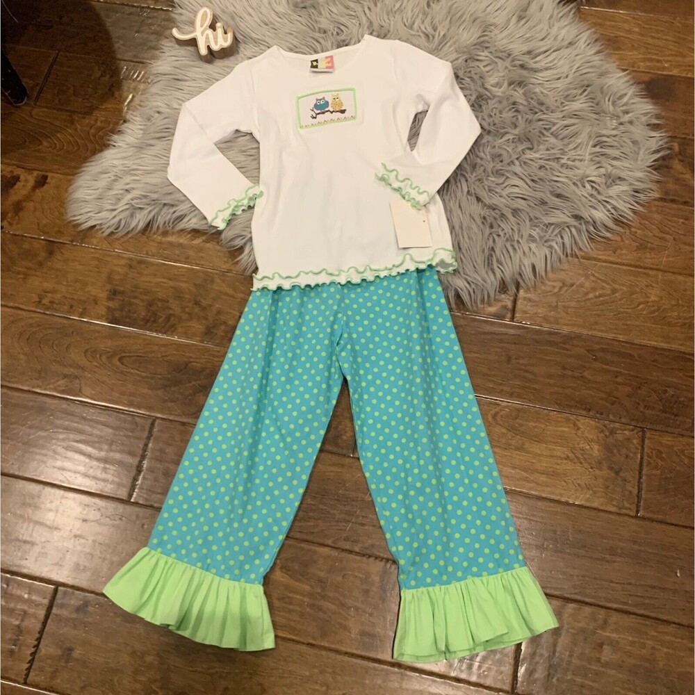 Banana Split Smocked 2 piece Owl Polkadot Pants Long Sleeve Ruffle Hem Size 5
